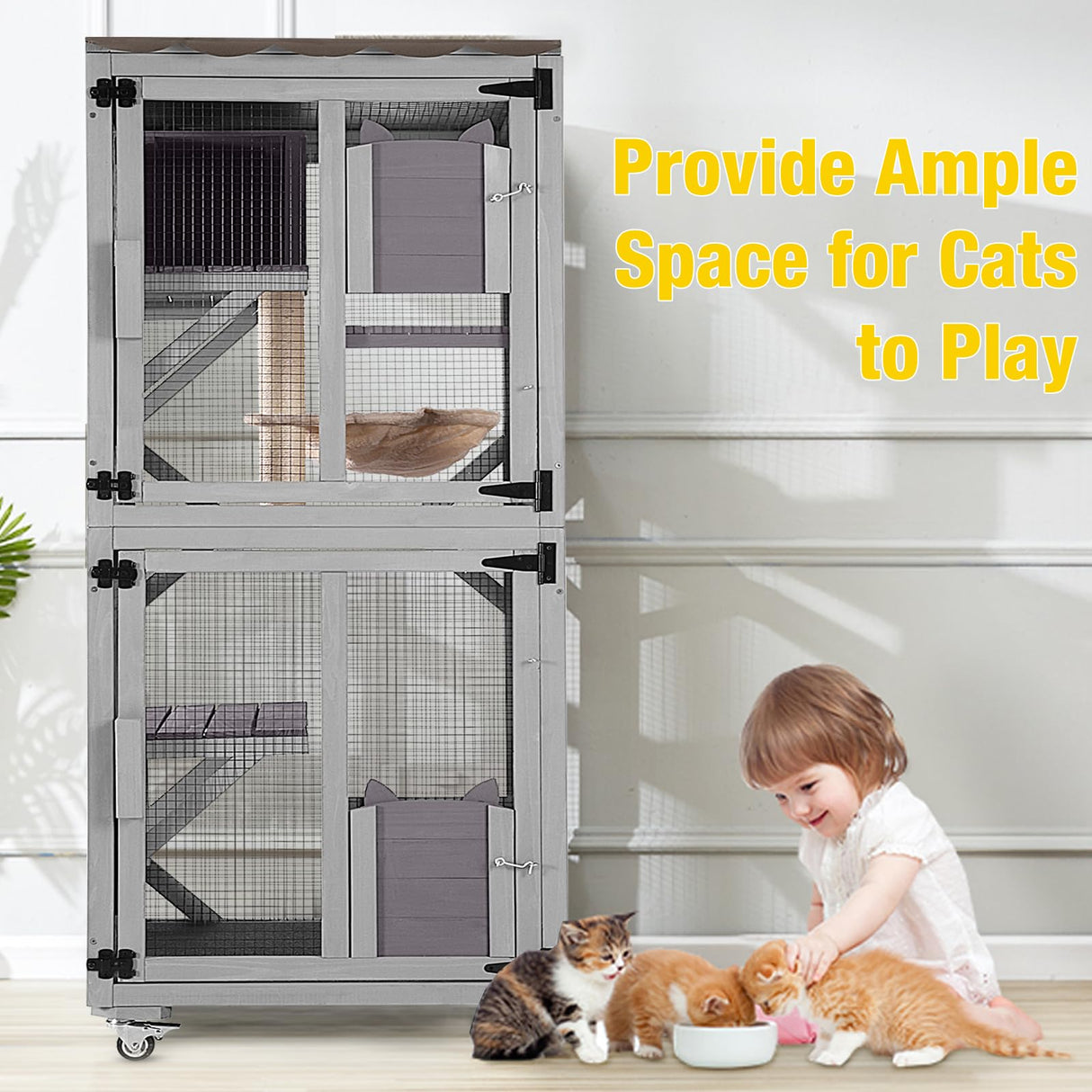 Aivituvin Catio Outdoor Cat Enclosure Wooden Cat Cage with Window Access Large Kitty House on Wheels 62.4’’ Indoor Patio Aivituvin