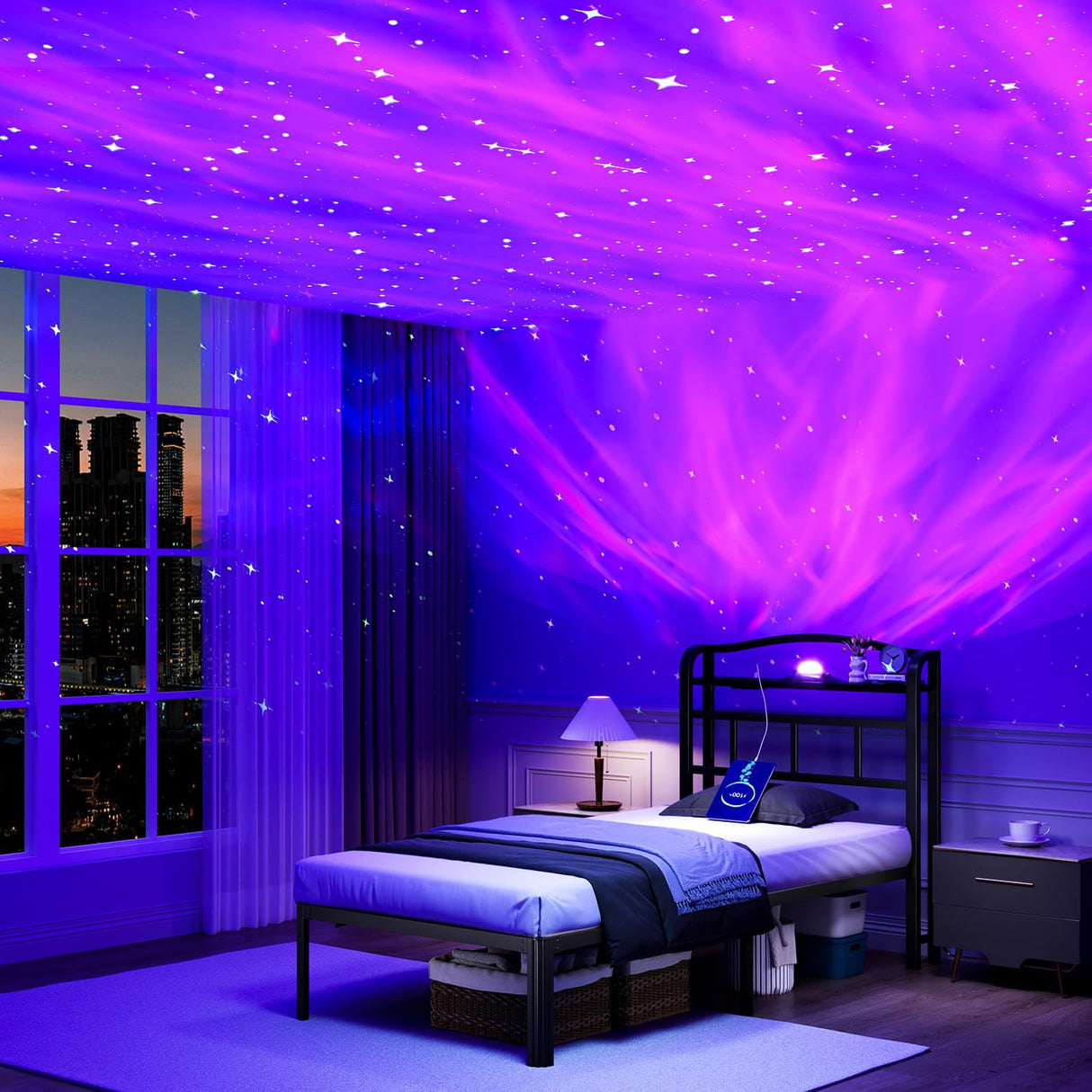 HAVONIZD Twin Size Bed Frame - Storage Headboard with Charging Station & Galaxy Aurora Projector, 14 Inch Sturdy Metal Platform Bed Frame No Box Spring Needed, Easy Assembly, No Noise, Black HAVONIZD