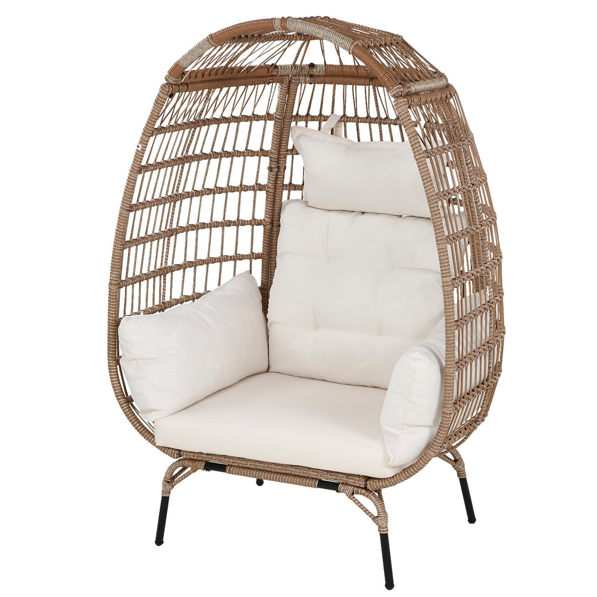 Egg Chair Outdoor Rattan Patio Egg Chair Hand-Woven Oversized Wicker Egg Chair Outdoor Indoor Lounge Chair with Padded Cushions Steel Frame for Living Room Backyard Patio Porch, White FDW