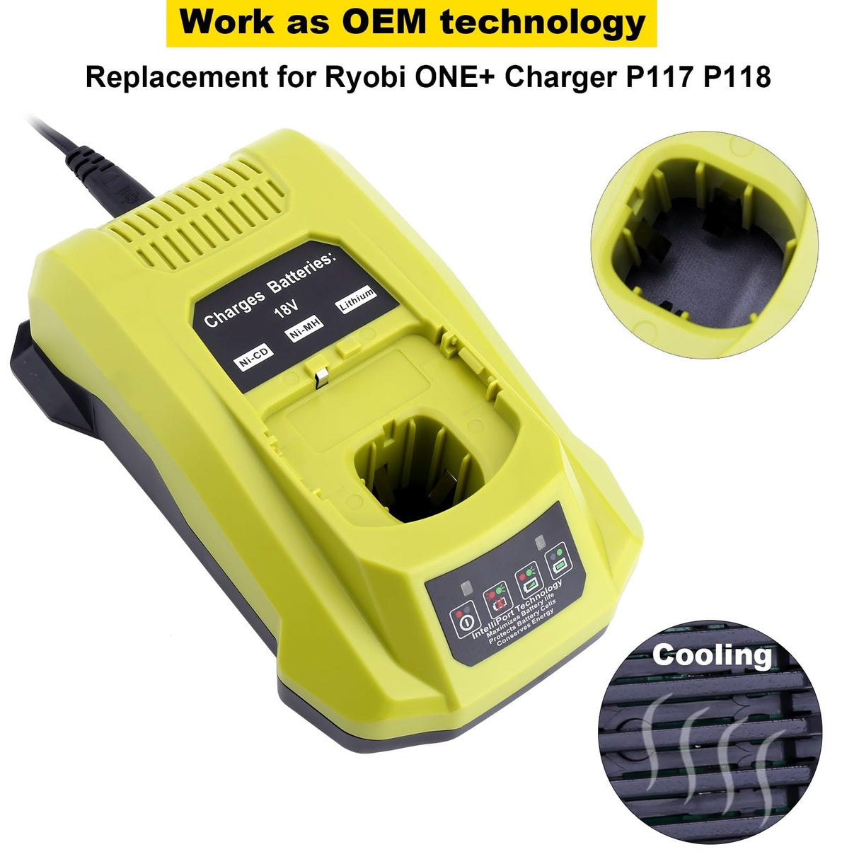 Kotoate P117 Replacement for Ryobi 18V Battery Charger P117 Dual Chemistry Charger P118 Compatible with Ryobi 18V One+ Lithium & 12V-18V NiCad NiMh Battery PBP005 P190 P189 P108 P197 PBP002 PBP004 Kotoate