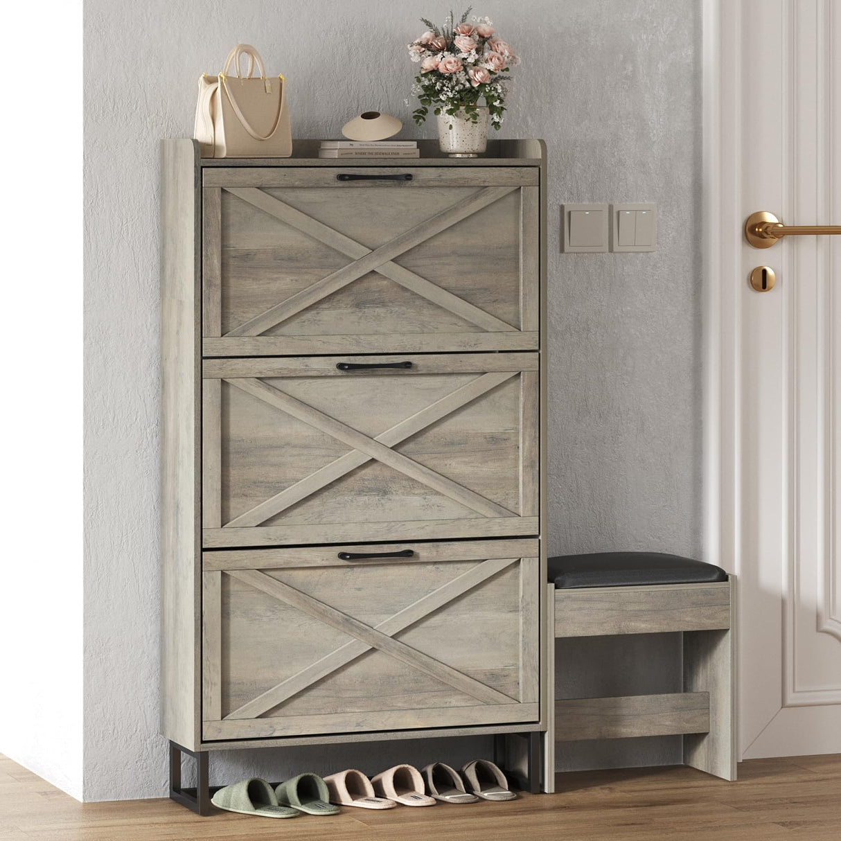 Maupvit Shoe Storage Cabinet with 3 Flip Drawers, Farmhouse Freestanding Organizer with Bench and Seat Cushion, Narrow Slim Shoe Rack Cabinet with Metal Legs for Entryway,Grey Maupvit