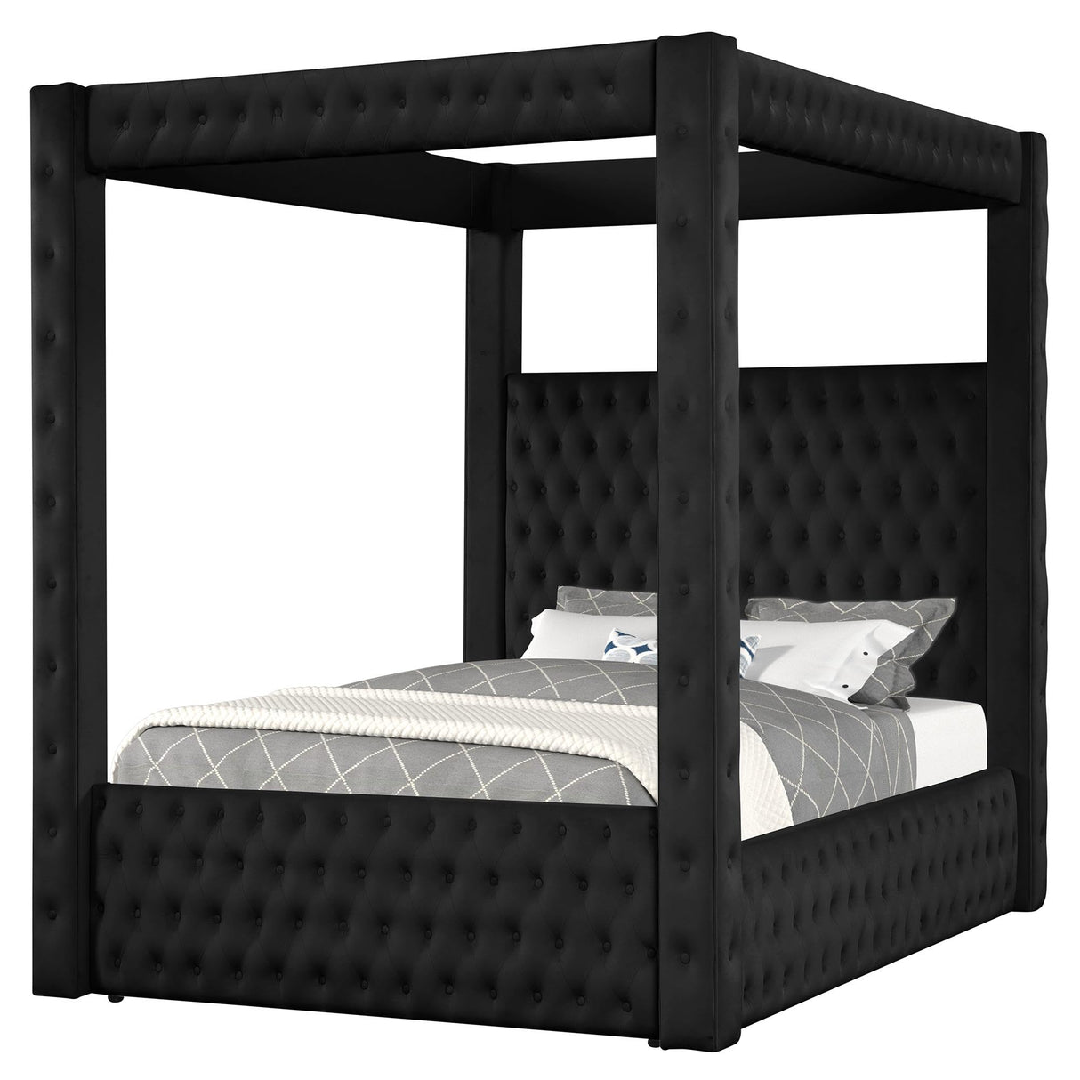 Dapedomal Velvet Four Poster Bed Frame - Upholstered Canopy Bed Frame with Exquisite Button Tufted Design and Tall Headboard, Luxury Bed Frames with Wooden Support, Box Spring Required (Black, Queen) Dapedomal