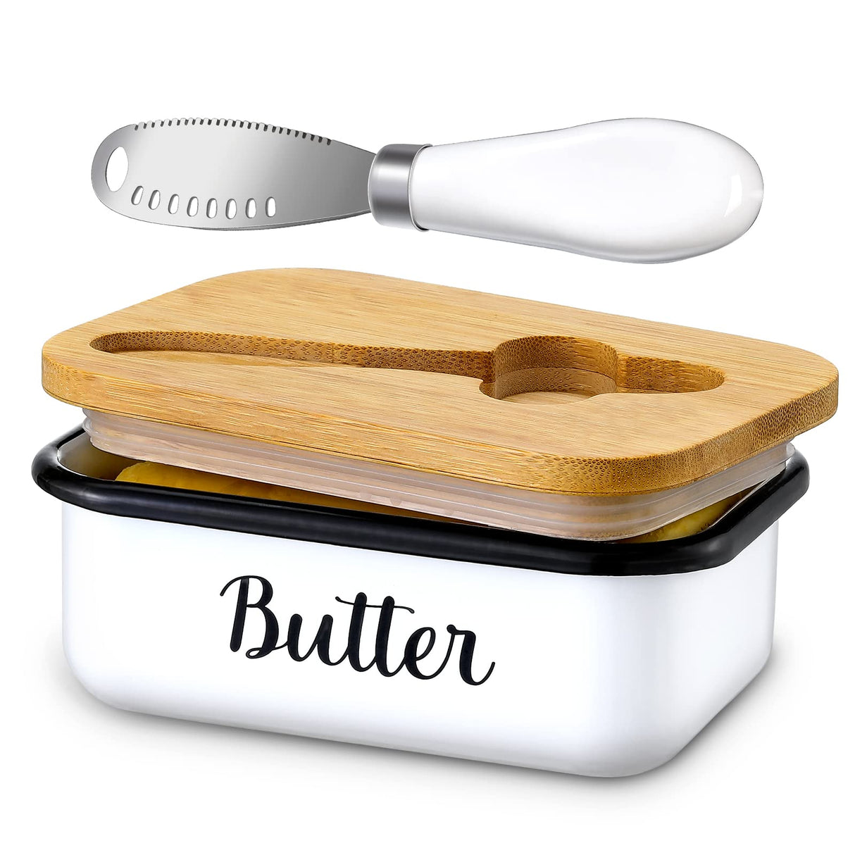 LANDNEOO Butter Dish with Lid and Butter Curler Knife - Unbreakable Stainless Steel Keeper Container with Double Silicone Sealing, for Kitchen Farmhouse Decor LANDNEOO
