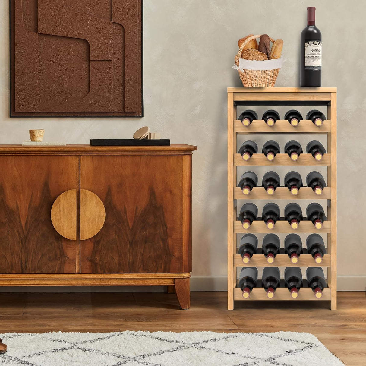 FoverOne 24-Bottle Wine Rack Freestanding Floor, 6 Tier Bamboo Wine Display Rack with Table Top, Wine Storage Shelf for Kitchen Dining Room Bar FoverOne