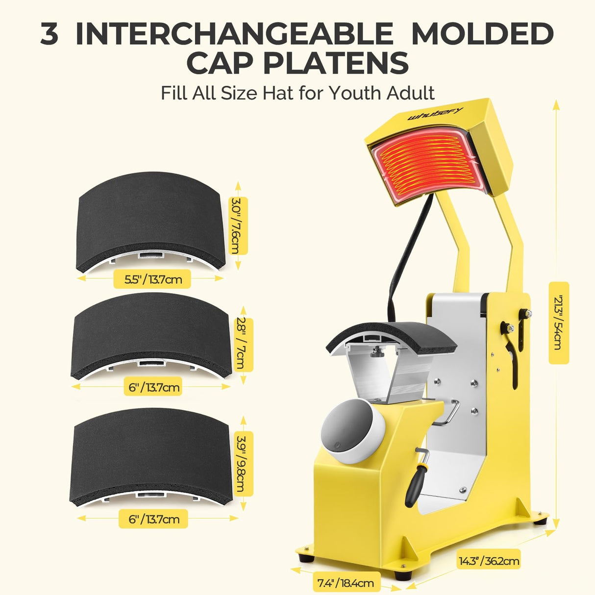 Whubefy 3-in-1 Auto Hat Heat Press Machine for Caps w/3pcs Interchangeable Platens, Automatic Release & Press, Knob-Style Digital Control for Hats T-Shirts Bags HTV and Sublimation Projects Whubefy