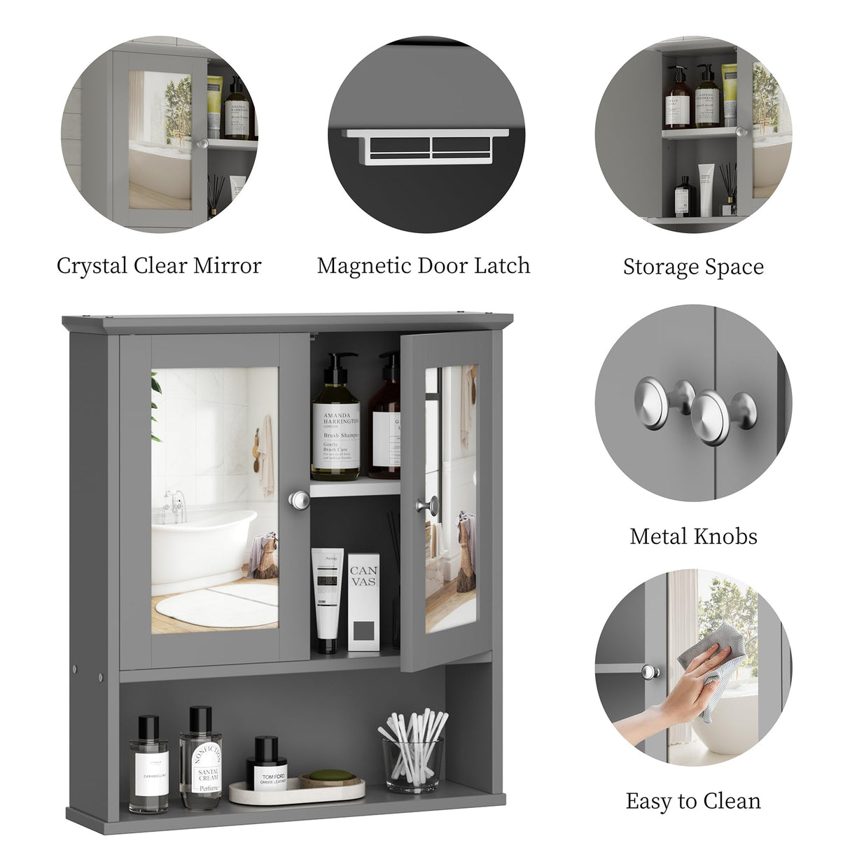 Shintenchi Bathroom Cabinet with Mirror, Wood Medicine Cabinet with Adjustable Shelf, Wall Mount Cabinet Storage, Cupboard, Gray Shintenchi