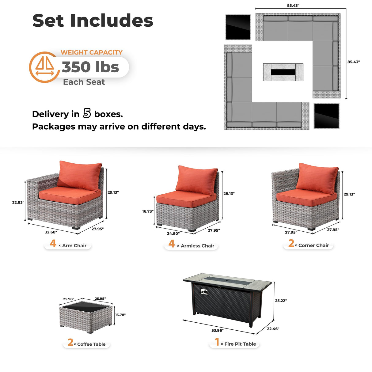 ovios 13 Pieces Patio Furniture Set, Outdoor Wicker Sectional Sofa with 54 Inch Fire Pit Table Comfy Cushions, Modern Modular Deep Seat Rattan Couch Conversation Set, Orange Red ovios