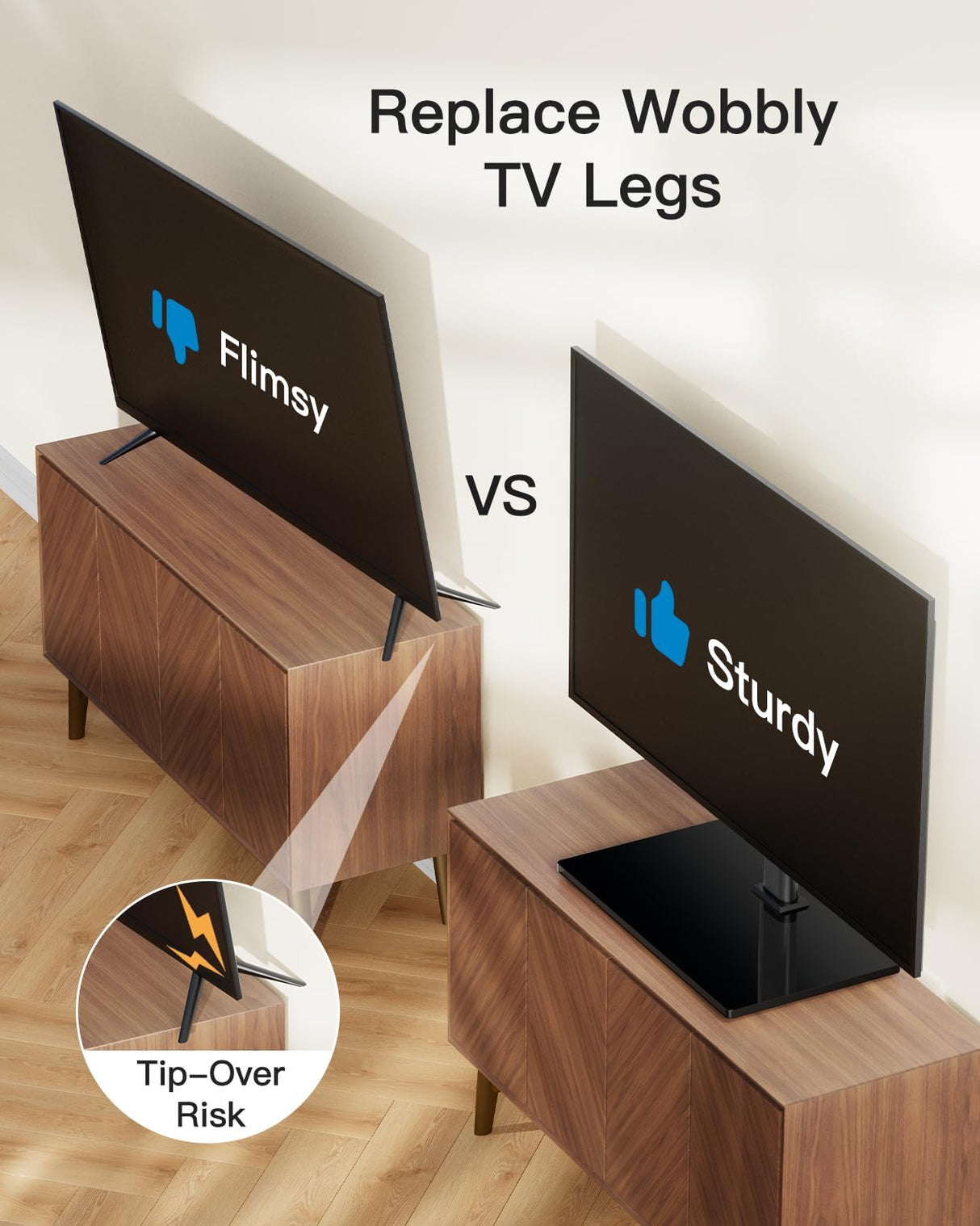 PERLESMITH Universal TV Stand - Table Top TV Stand for 32-60 inch LCD LED TVs - Height Adjustable TV Base Stand with Tempered Glass Base & Wire Management, VESA 400x400mm PSTVS04 PERLESMITH