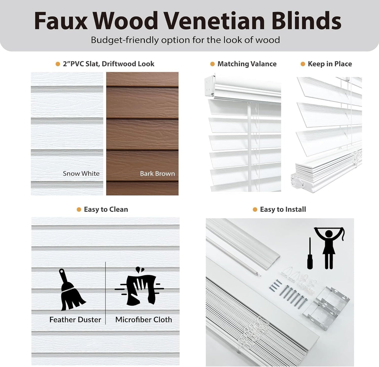 DEZ FURNISHINGS Cordless 2" Signature Faux Wood Blind, 33" W x 60" H, Snow White DEZ FURNISHINGS