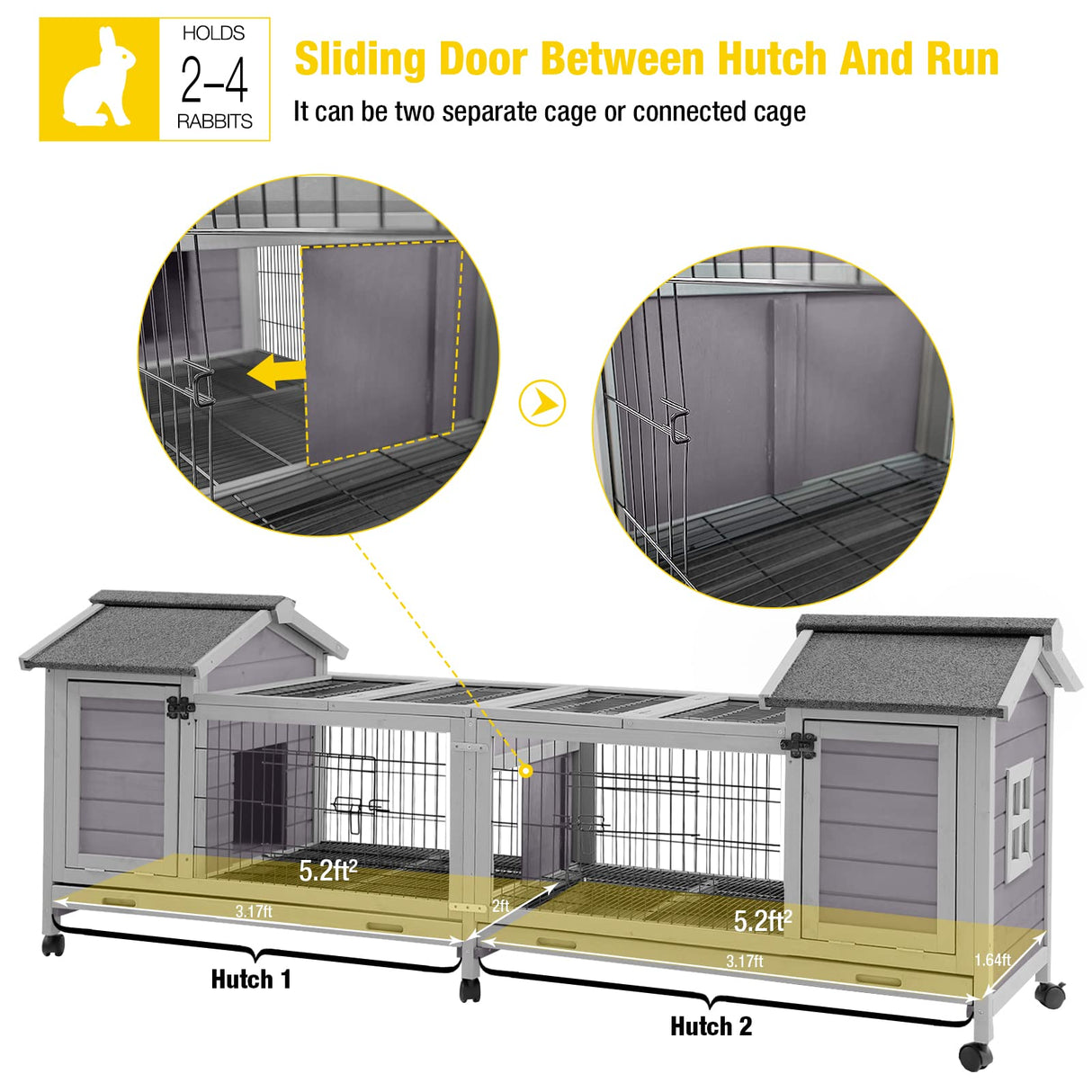 Aivituvin Rabbit Hutch Bunny Cage with Double House and Run Indoor Outdoor Guinea Pig House with Deeper No Leak Trays and Wheels Aivituvin