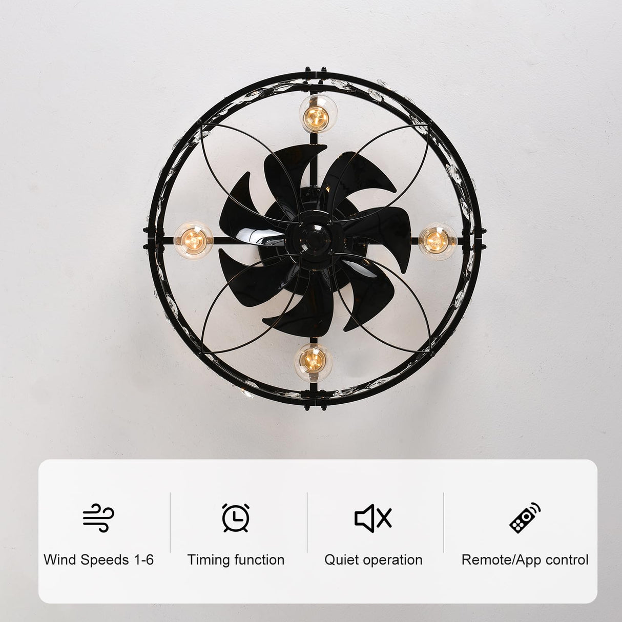 Garwarm 20in Caged Ceiling Fan with Light,Rustic Industrial Ceiling Fans with Lights and Remote,Bladeless Black Fandelier Ceiling Fan,Flush Mount Fan Lights for Kitchen,Bedroom(6 Speed,Timing) Garwarm