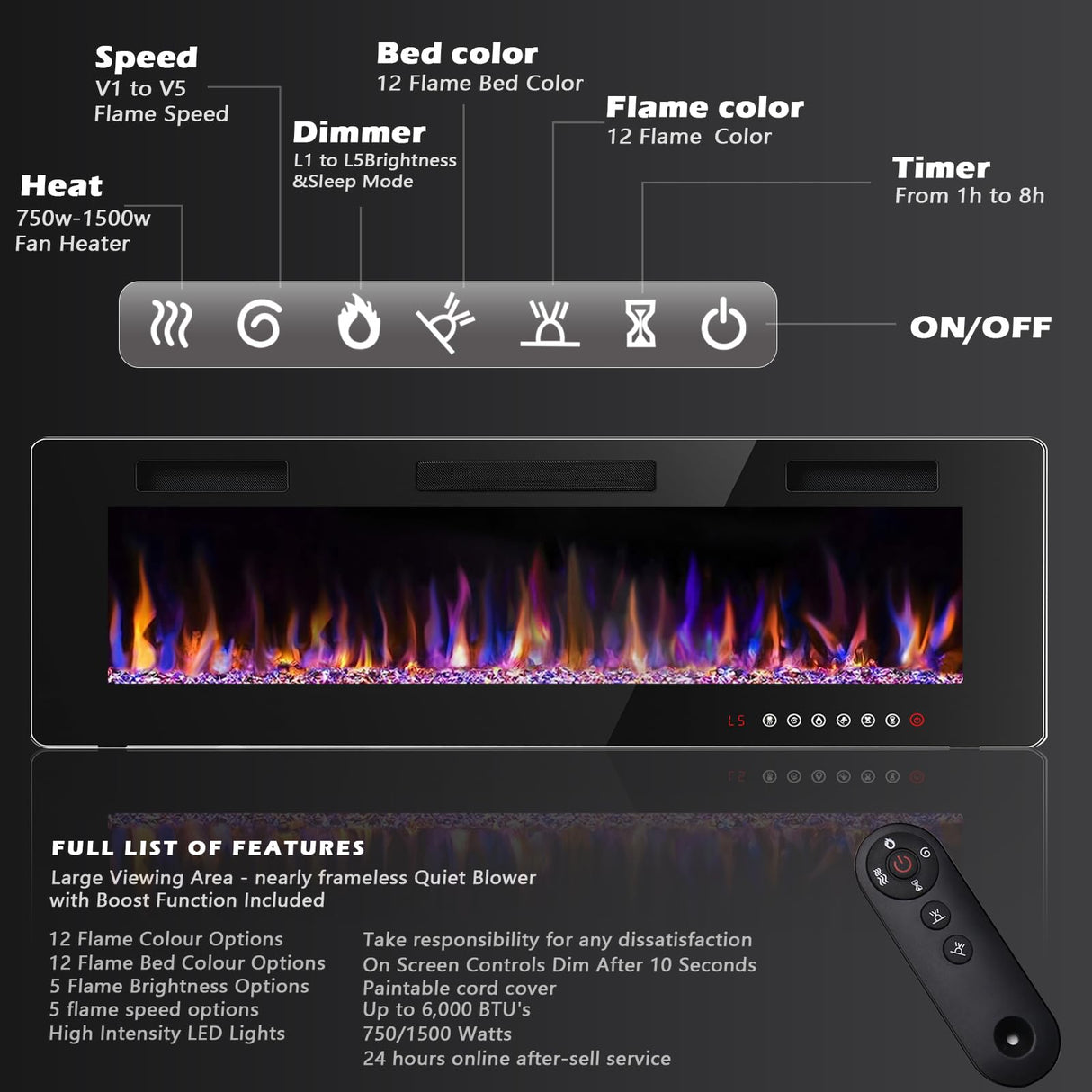 BOSSIN 72 inch Ultra-Thin Silence Linear Electric Fireplace, Recessed Wall Mounted Fireplace, Fit for 2 x 4 and 2 x 6 Stud, 12 Adjustable Flame Color & Speed,Touch Screen Remote Control with 8h Timer BOSSIN