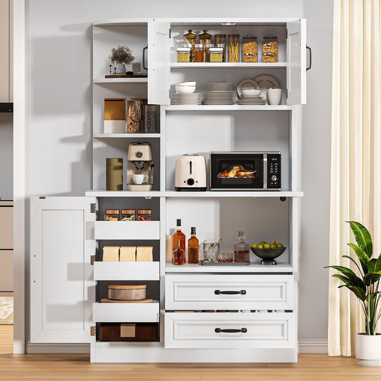DWVO Kitchen Pantry Storage Cabinet, 64" H Kitchen Hutch Cabinet with Power Outlet, Sliding Racks with Door, Drawers with Doors and 3-Tier External Shelves for Living Room, Dining Area (White) DWVO