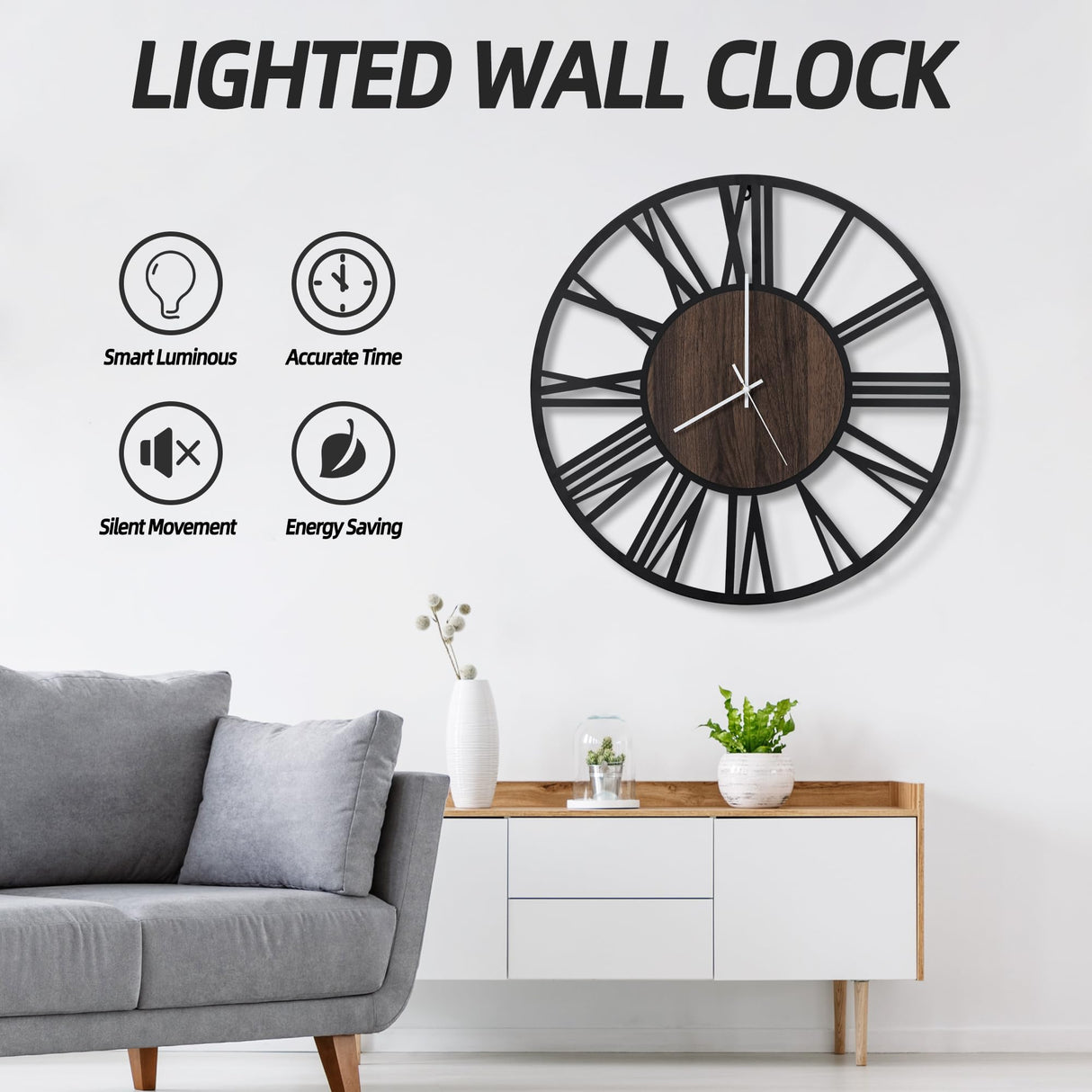 LEIKE Large Wall Clocks with Night Light Battery Operated,Silent Non Ticking,Rustic Modern Big Wood Clock for Living Room, Bedroom,Kitchen,Farmhouse,Office,Home Decor-20 Inch(Roman Numerals) LEIKE