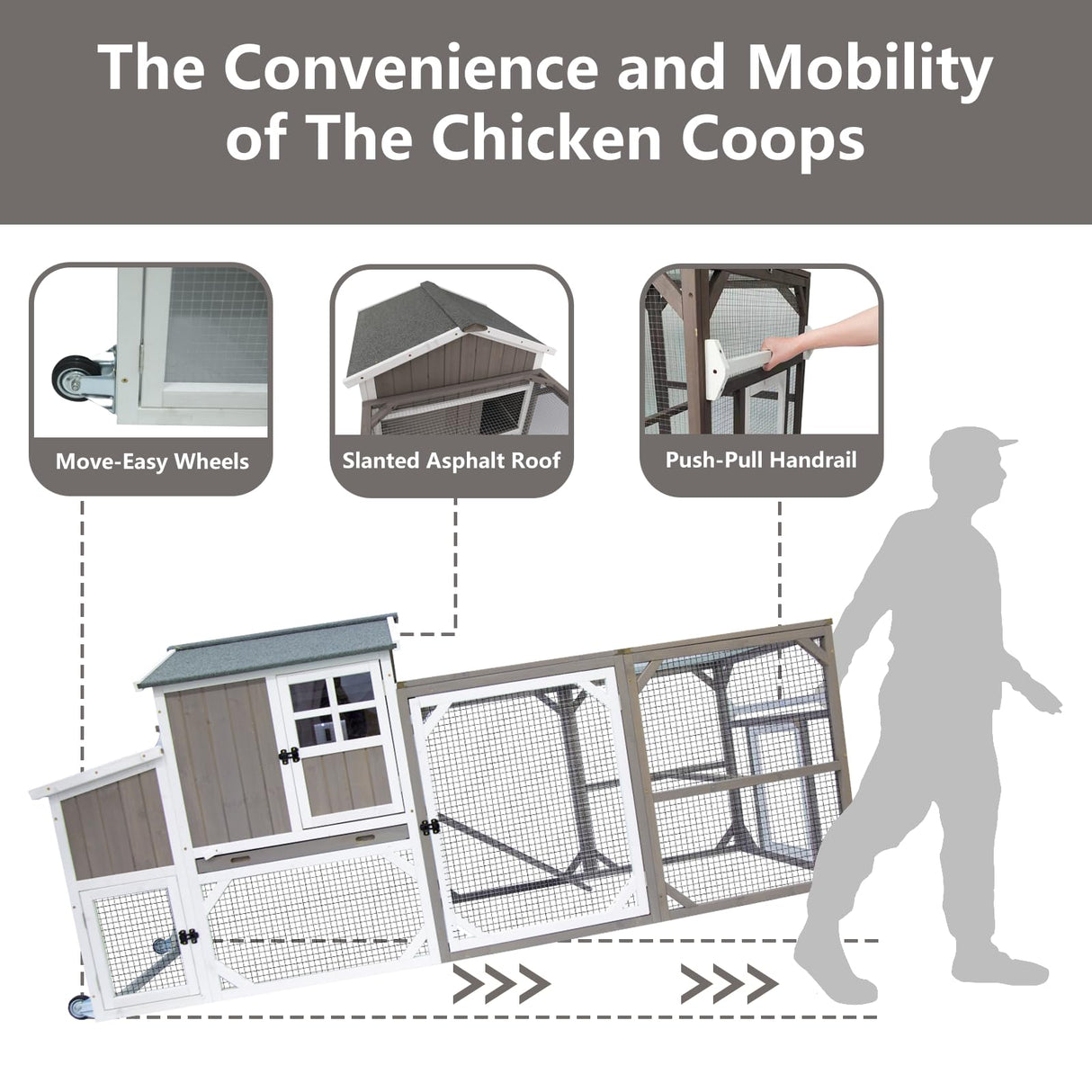 Gowoodhut Chicken Coop Mobile Wooden Hen House with Nesting Box,95.3" L Outdoor Chicken House with Wheels and Removable Tray,Fir Wood Chicken Tractor with 6 Ventilation Door and Ramp-Grey Gowoodhut
