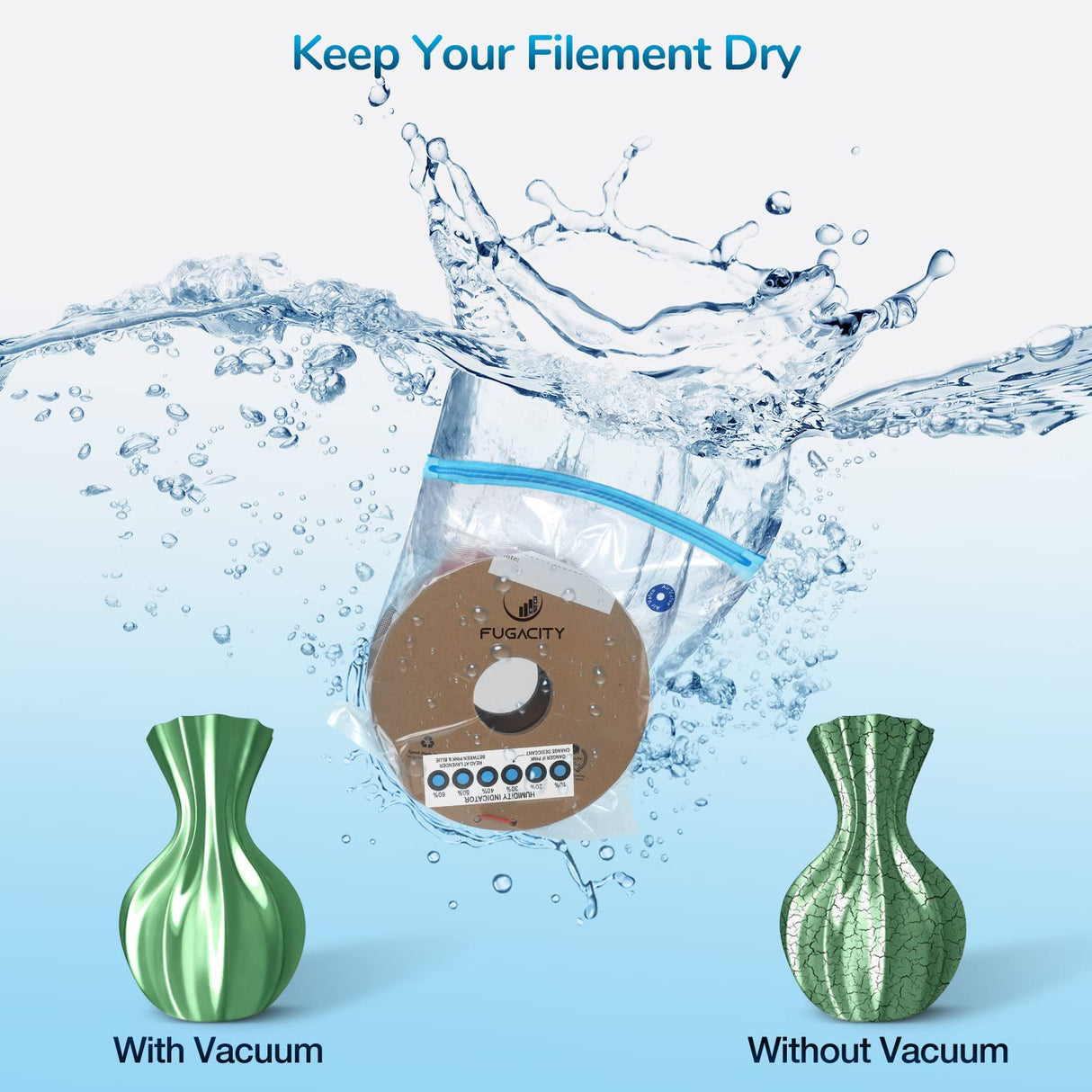 FugaCity 3D Printer Filament Storage Vacuum Bags Kit- 20Pack Reusable Vacuum Bags (PA+PE 13.8 ×15.7 in) with 20 Desiccants / 20 Humidity Cards /20 Clips/ 1 Hand Pump for Keep Filament Clean & Dry FugaCity