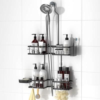 REINHARDT Adjustable Shower Caddy Hanging Rustproof Shower Caddy for Handheld Showerheads, Shower Organizer with Hooks Soap Holder Toothbrush Holder, Anti-Swing Shower Rack Bathroom Accessories, Black