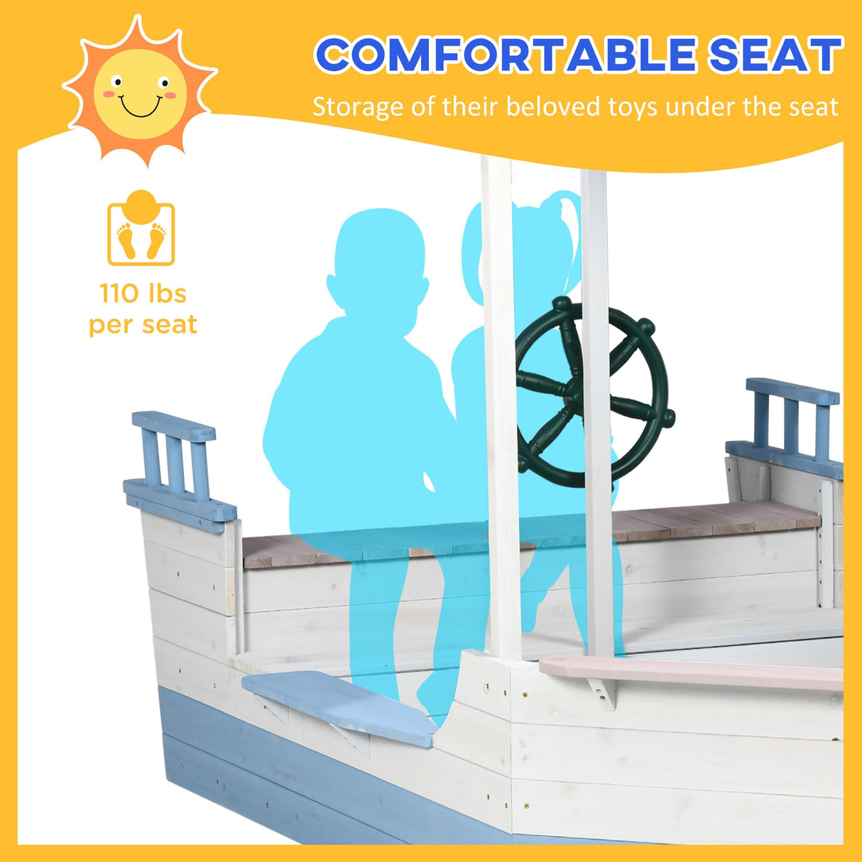 Outsunny Kids Sandbox with Canopy, Pirate Ship Wooden Sand Boxes with Bench for Backyard, Sand Pit for Toddlers, 83" x 43", Blue Outsunny