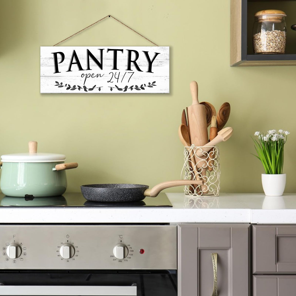 1 KINGO Rustic Pantry Signs Wall Decor: Farmhouse Kitchen Wall Art 6" x 14.5" Canvas Print Decorative Plaque Wall Hanging Open 24/7 Sign for Pantry Dining Room Home Decor 1 KINGO