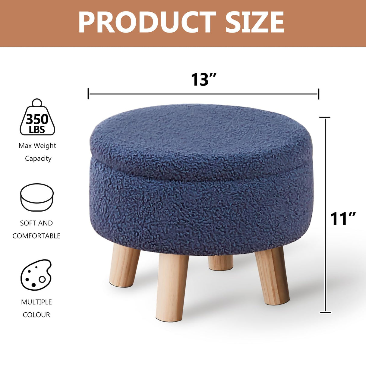 Wimarsbon Storage Ottoman, Modern Round Footrest with Soft Padded Seat, Teddy Velvet Footstool with Wood Legs, Accent Small Table or Plant Stand for Hallway, Living Room (Grey-Blue) Wimarsbon