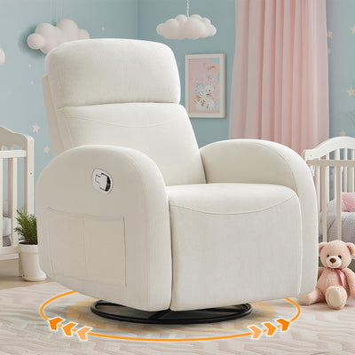 BaseBeauty Glider Nursery Recliner Chair, Swivel Rocker Recliner Glider Chair with 2 Pockets, Rocking Recliner Nursery Chair, Manual Recliners for Living Room, Bedroom, Cream White Chenille