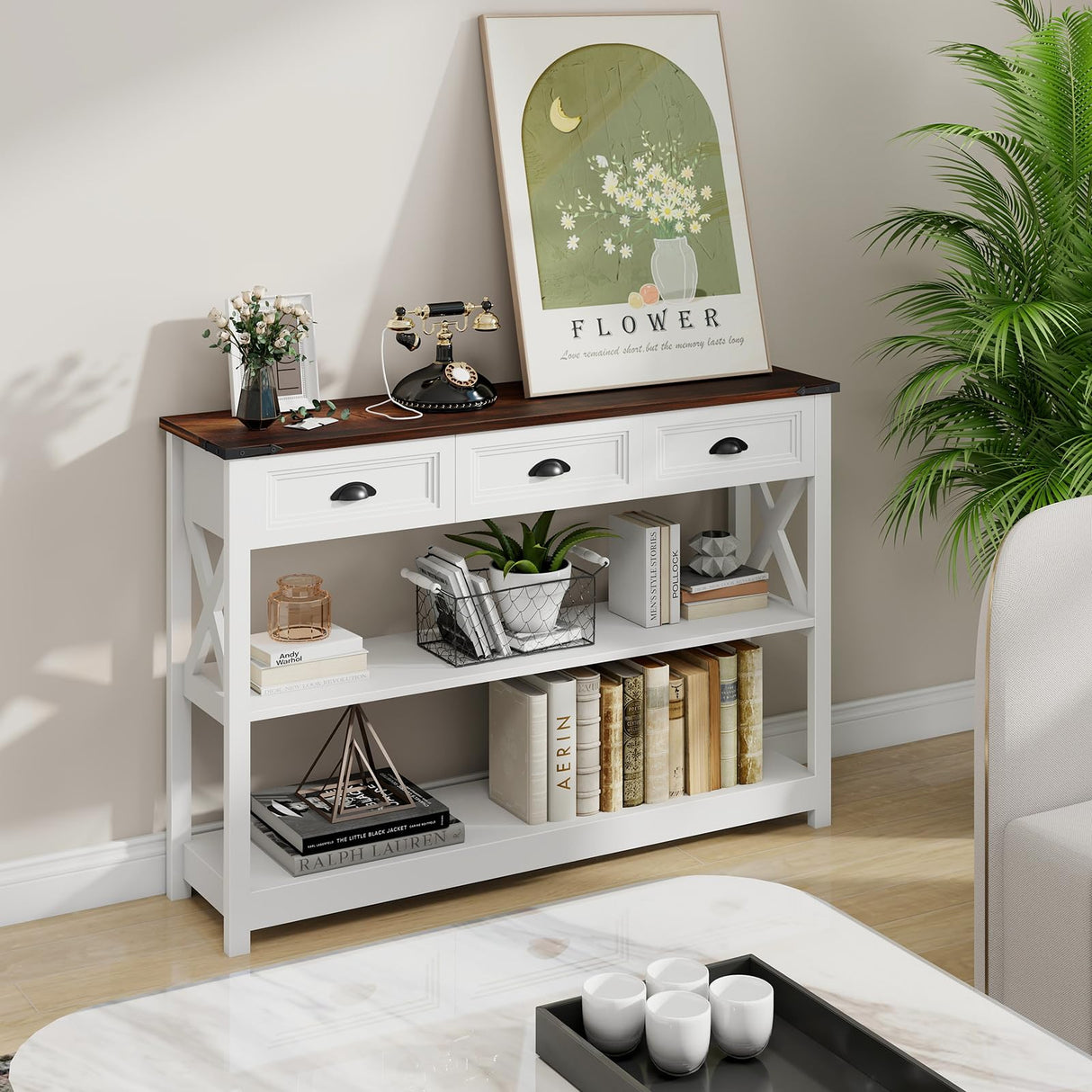Vabches Sofa Table with 3 Drawers, Farmhouse Narrow Wood Accent Console Table Entryway Table with Storage Shelf for Entryway, Living Room, Foyer, Unique Design, White Vabches