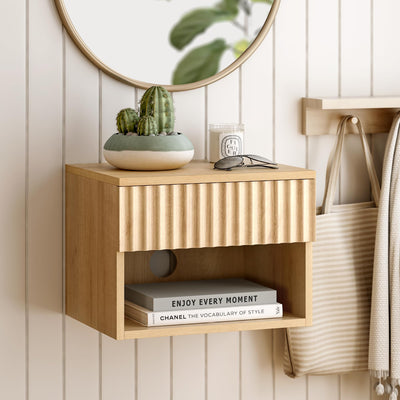 EYYTHUNG Floating Nightstand with Drawer, Modern Small Night Stand with Fluted Door and Open Storage Shelf Wall Mounted Bedside Table for Bedroom, Entryway Natural Oak