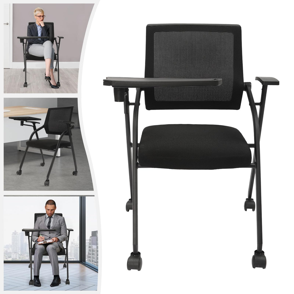 Kreiaoer Folding Office Chair with Tablet and Caster Wheel, Mesh Guest Reception Chairs with Arm, Rolling Chair for Office, School, Training Conference Waiting Room (Black) Kreiaoer