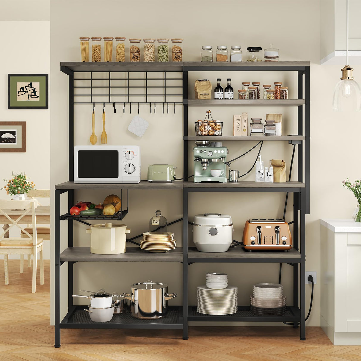 iabifo L-Shaped Bakers Rack with Power Outlet, 6-Tier Microwave Stand with Storage, Coffee Bar, Kitchen Shelf with Wire Basket, Hooks, Grey iabifo