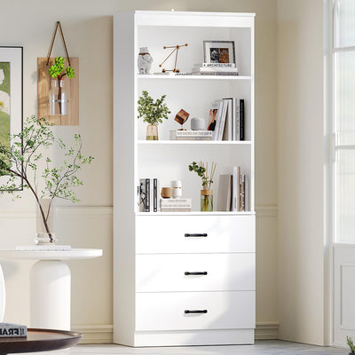 oneinmil 70" H 6-Tier Bookshelf with 3 Drawers, White Bookcase with 3-Tier Open Shelves, Tall Book Shelf with Storage Space, Wooden Storage Cabinet for Living Room, Bedroom, Office (White, 6-Tier)