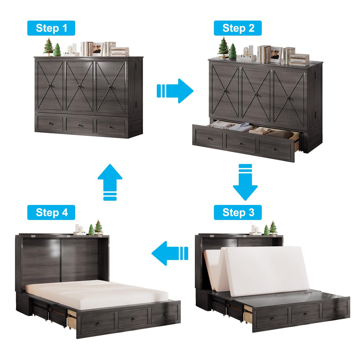 Mjkone Murphy Bed Queen, Cabinet Beds with Mattress and Built-in Charging Station, Wood Murphy Hidden Adult Guest Bed with 2 Storage Drawers, Cabinet Chest Beds for Guest Room Bedroom Home - Grey Mjkone