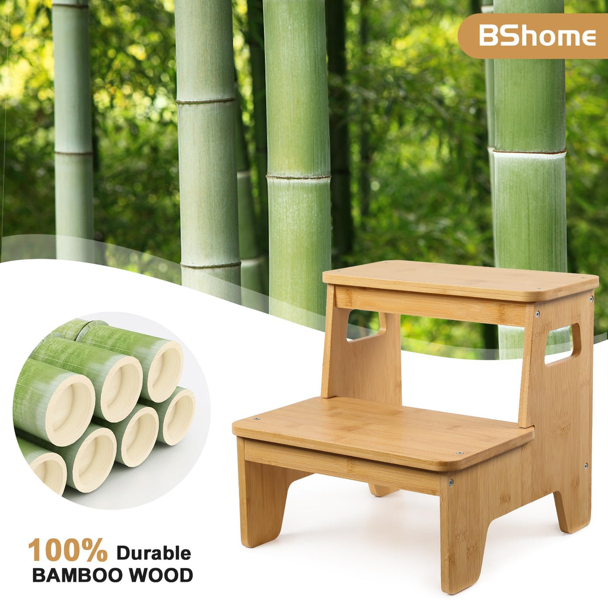 Wooden 2-Step Stool, Bamboo Step Stool with Handles, DIY Non-Slip Surface, Portable Stepping Stool for Kitchen, Toilet, Bathroom Sink, Bedroom, Natural BShome