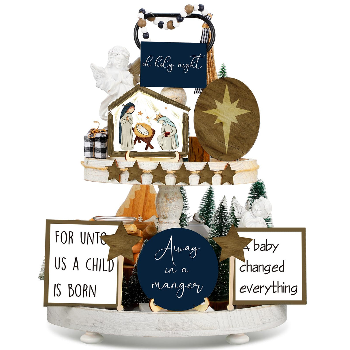 Bucherry Christmas Christian Jesus Nativity Tiered Tray Decor Farmhouse Angels Mangers Jesus' Birth Wooden Christian Decor for Home Table Mantel Bucherry
