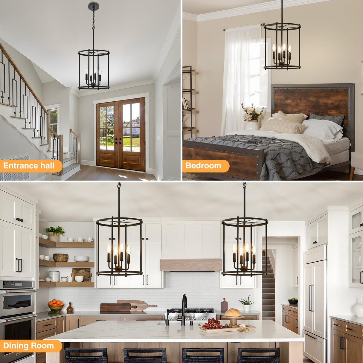 Luvkczc 4-Light Black Chandelier, Industrial Black Lantern Ceiling Light Fixtures with Rustic Metal Cage Adjustable Height Farmhouse Geometric Hanging Light for Kitchen Island, Dining Room, Entryway Luvkczc