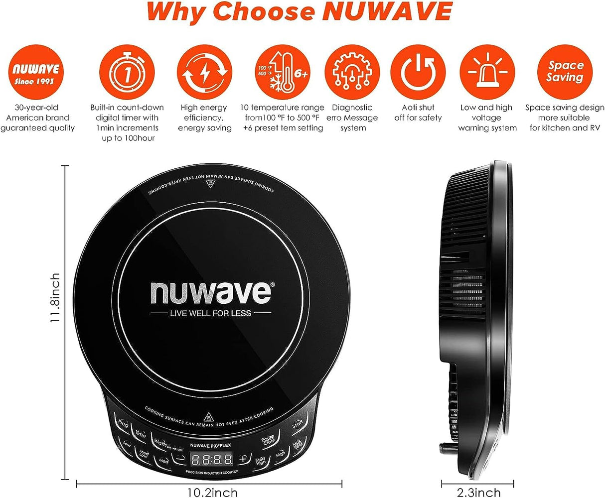 Nuwave Precision Induction Cooktop, 10.25” Shatter-Proof Ceramic Glass, 6.5” Heating Coil, 45 Temps from 100°F to 500°F, 3 Wattage Settings 600, 900 & 1300 Watts Nuwave