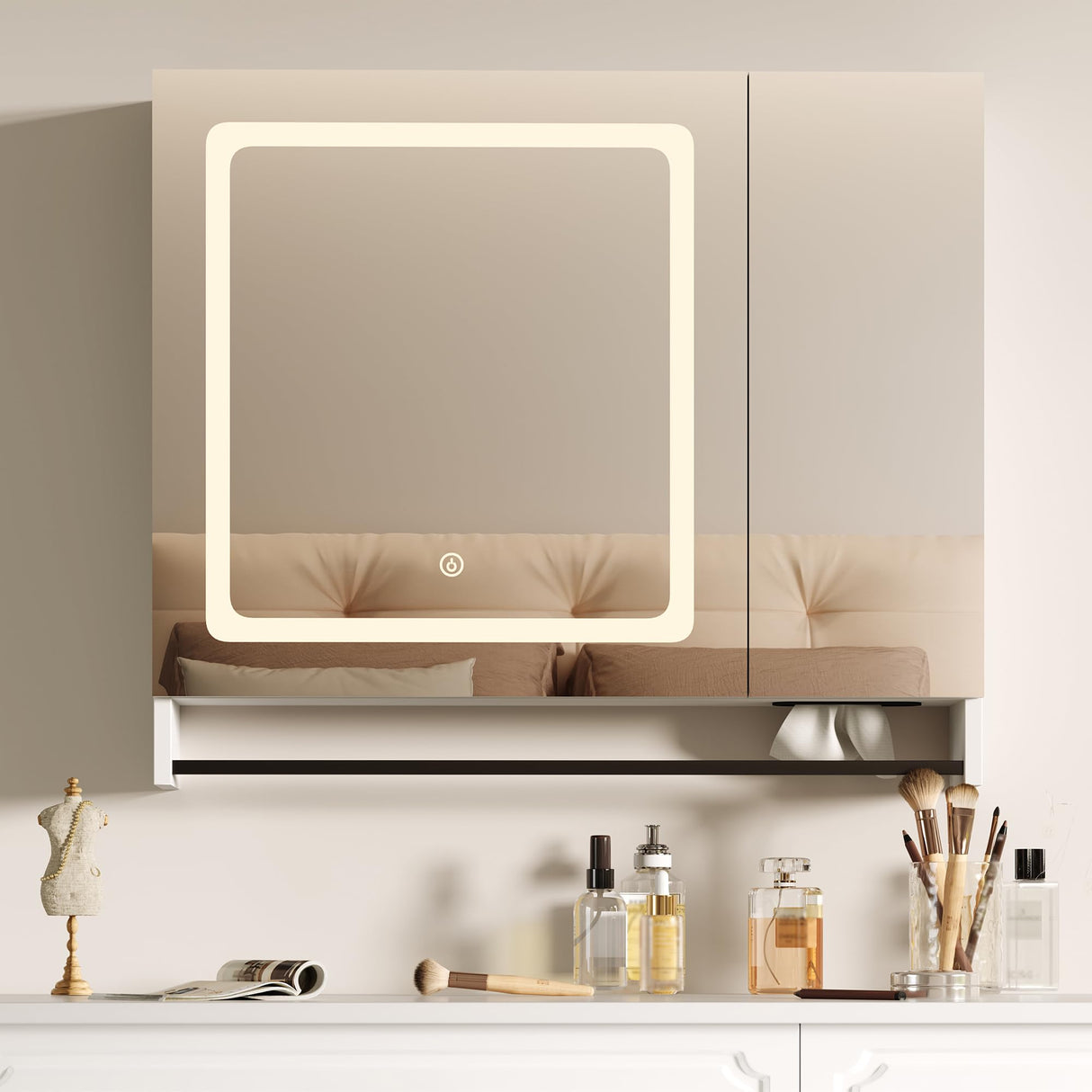 ChooChoo Lighted Bathroom Medicine Cabinet with Mirror, Wall-Mounted Bathroom Wall Cabinet with Mirror Doors, LED Lights, Adjustable Shelves, Towel Bar, White ChooChoo