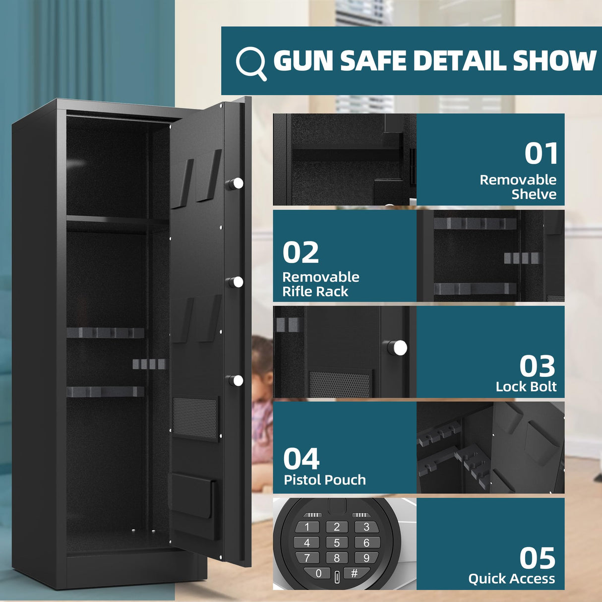 Emasme Gun Safes, Rifle Gun Safe with a Storage Box, No Assembly Required, Gun Cabinet with Removable Shelf, for Home Rifle and Pistols Storage(8-10 Gun Safe Digital) Emasme