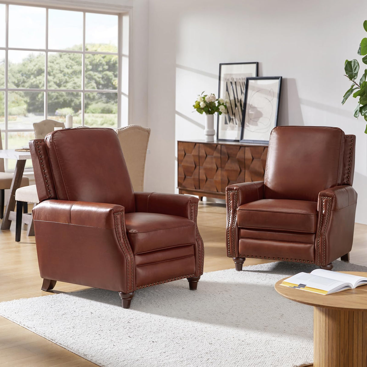 HULALA HOME Genuine Leather Manual Recliner Chair,Classic Push Back Reclining Armchair Sofa with Thick Seat, Adjustable Backrest & Nailhead Trim for Living Room Home Theater (Brown) HULALA HOME