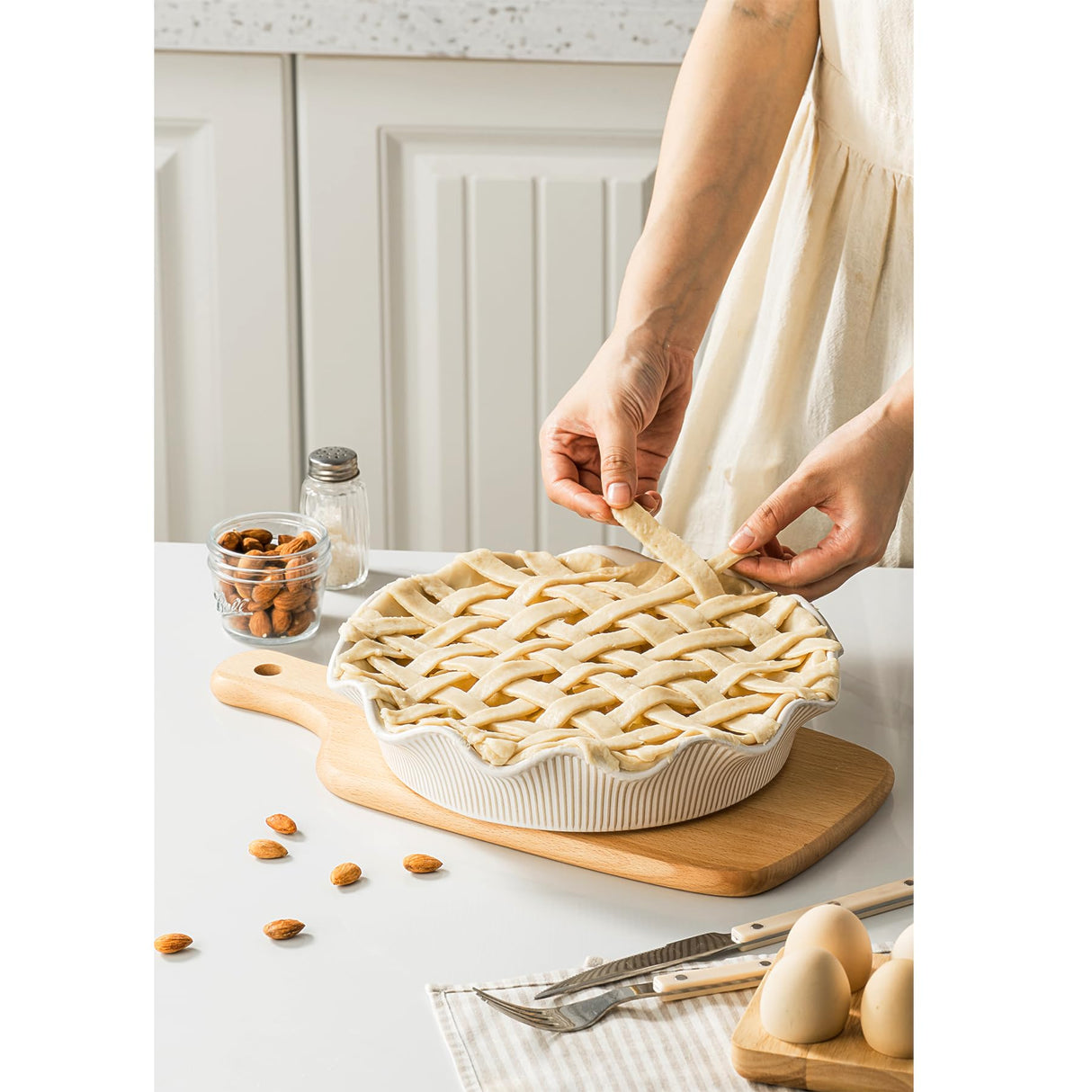MIKIGEY Ceramic Deep Pie Pan for Baking, 11 inch Porcelain Pie Dish for Apple Pie, Oven & Dishwasher Safe, Farmhouse Decor, 48 Ounce Deep Plate for Kitchen, Non-Stick Pie Pans,Off-White MIKIGEY