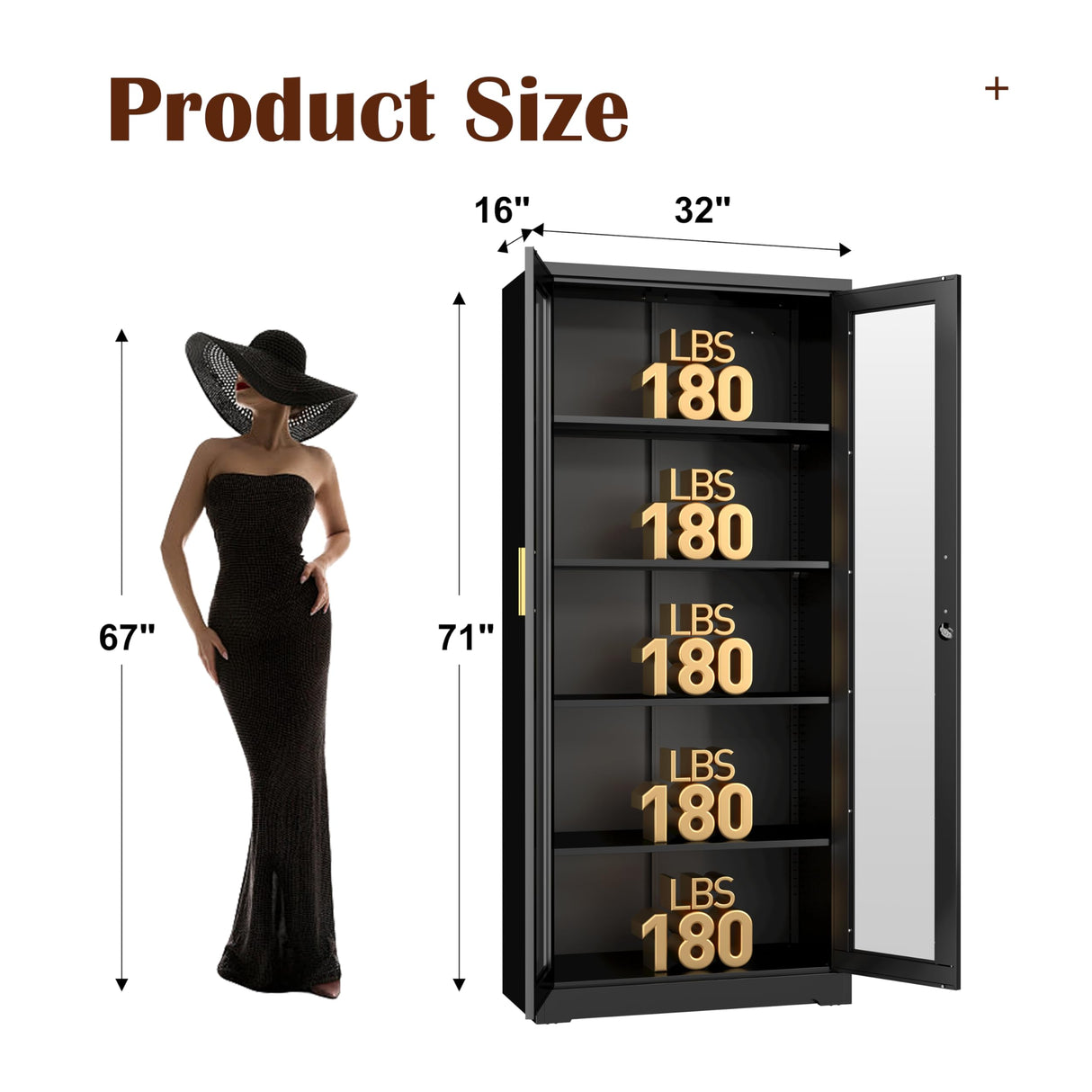 SteeLoong 71" Glass Display Cabinet with Lock,Curio Cabinet with Glass Doors, Metal Display Case with 4 Adjustable Shelves, Black Bookcase Locking Storage Cabinets for,Liquor,Commercial SteeLoong