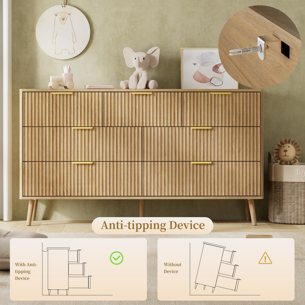 LYNSOM 55" W Fluted Dresser for Bedroom with 7 Drawer, Modern Chest of Drawers with Metal Handle and Curved Profile Design, Wood Dresser TV Stand & Storage Organizer for Living Room, Natural Oak LYNSOM