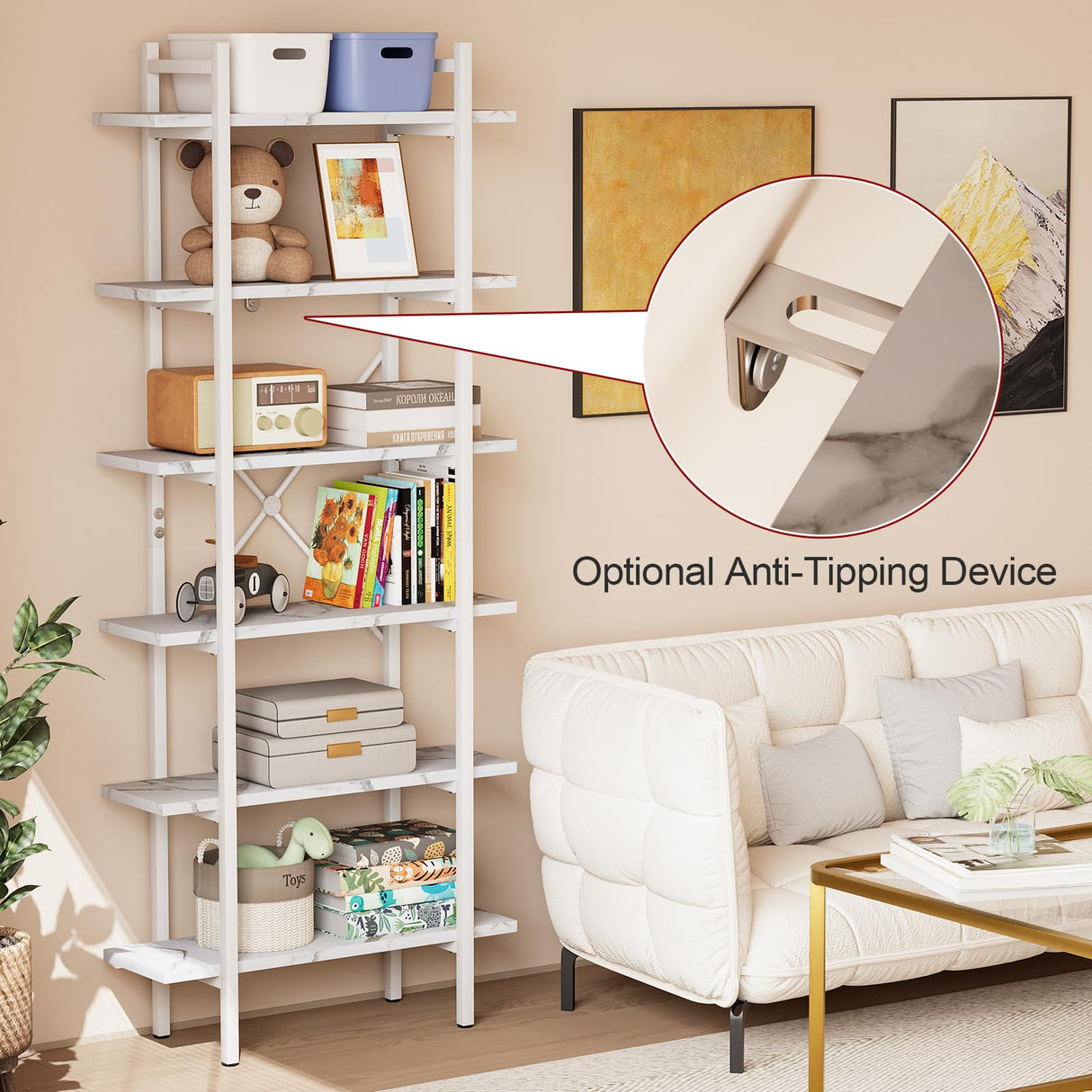 Azheruol Bookshelf 6 Tiers White Wooden Storage Shelf,Modern Open Display Storage Bookcase Book Organizer,Metal Bookshelf Standing Storage Shelf Tall Shelving Units for Home Office Study Azheruol