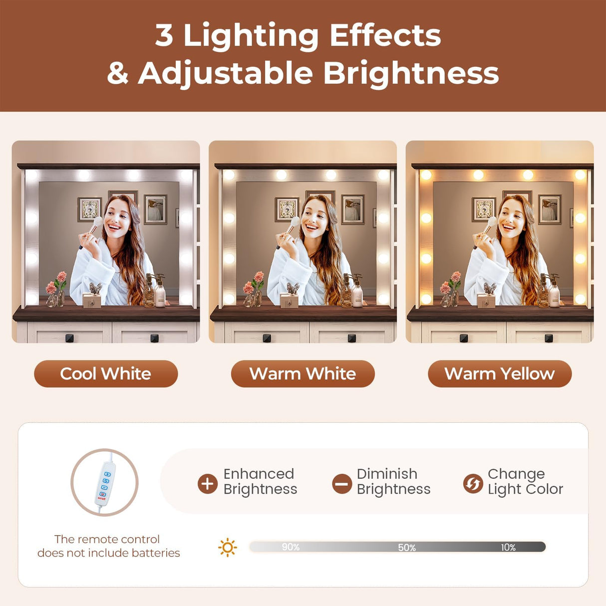 43.7" Farmhouse Vanity Desk with Large Mirror and Hollywood Lights, Makeup Vanity Desk with Charging Station, Adjustable Lighting,3 Drawers with 1 Velvet jewelry box for Bedroom, Dressing Room UPOSOJA