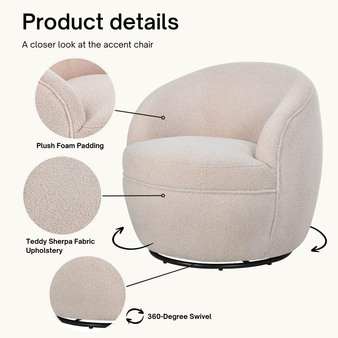 Roundhill Furniture Galleria 360 Swivel Teddy Sherpa Barrel Chair, Beige Roundhill Furniture