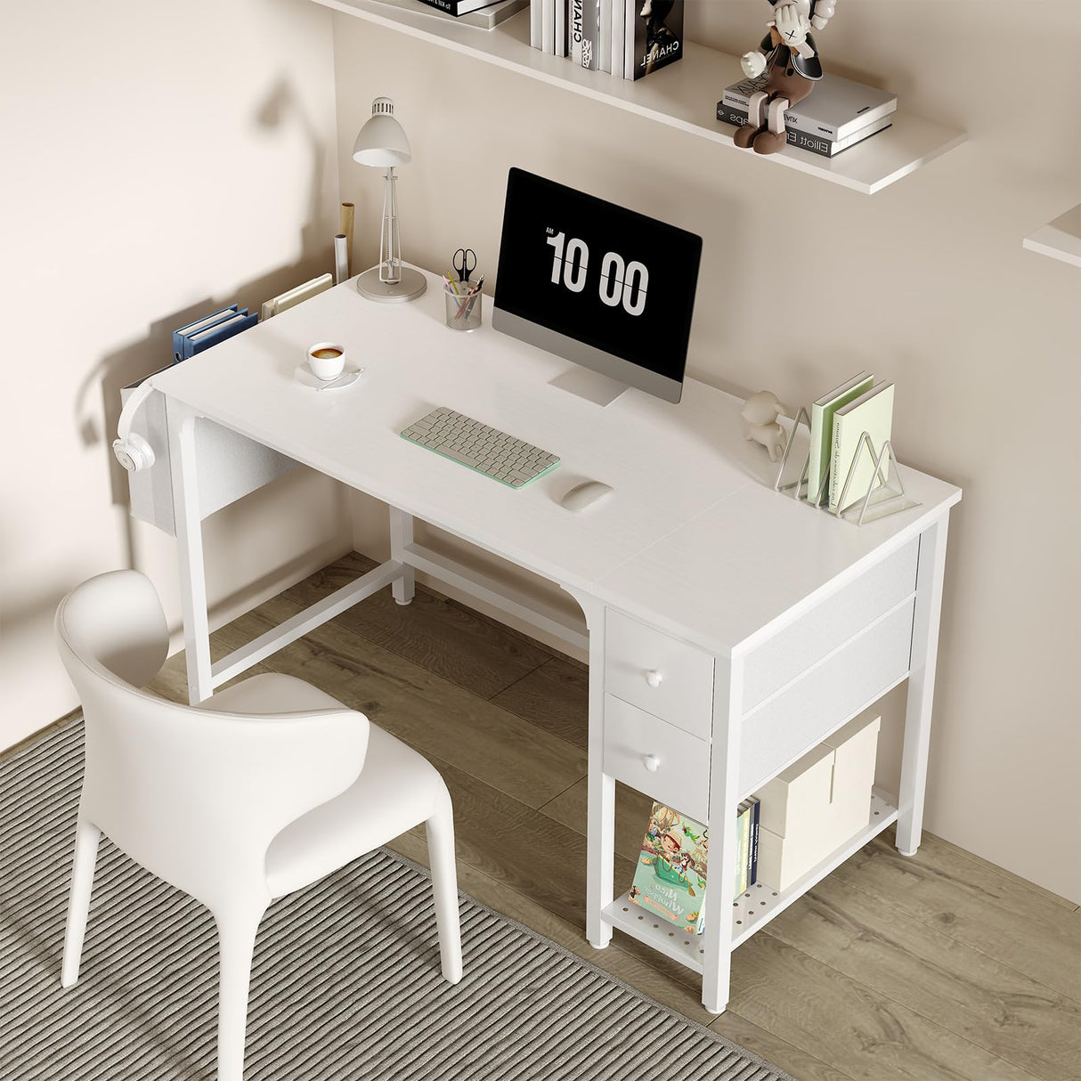 Lufeiya White Small Desk with Fabric Drawers, 47 Inch Computer Desk for Small Space Home Office, Modern Simple Study Writing Table PC Desks, White Lufeiya