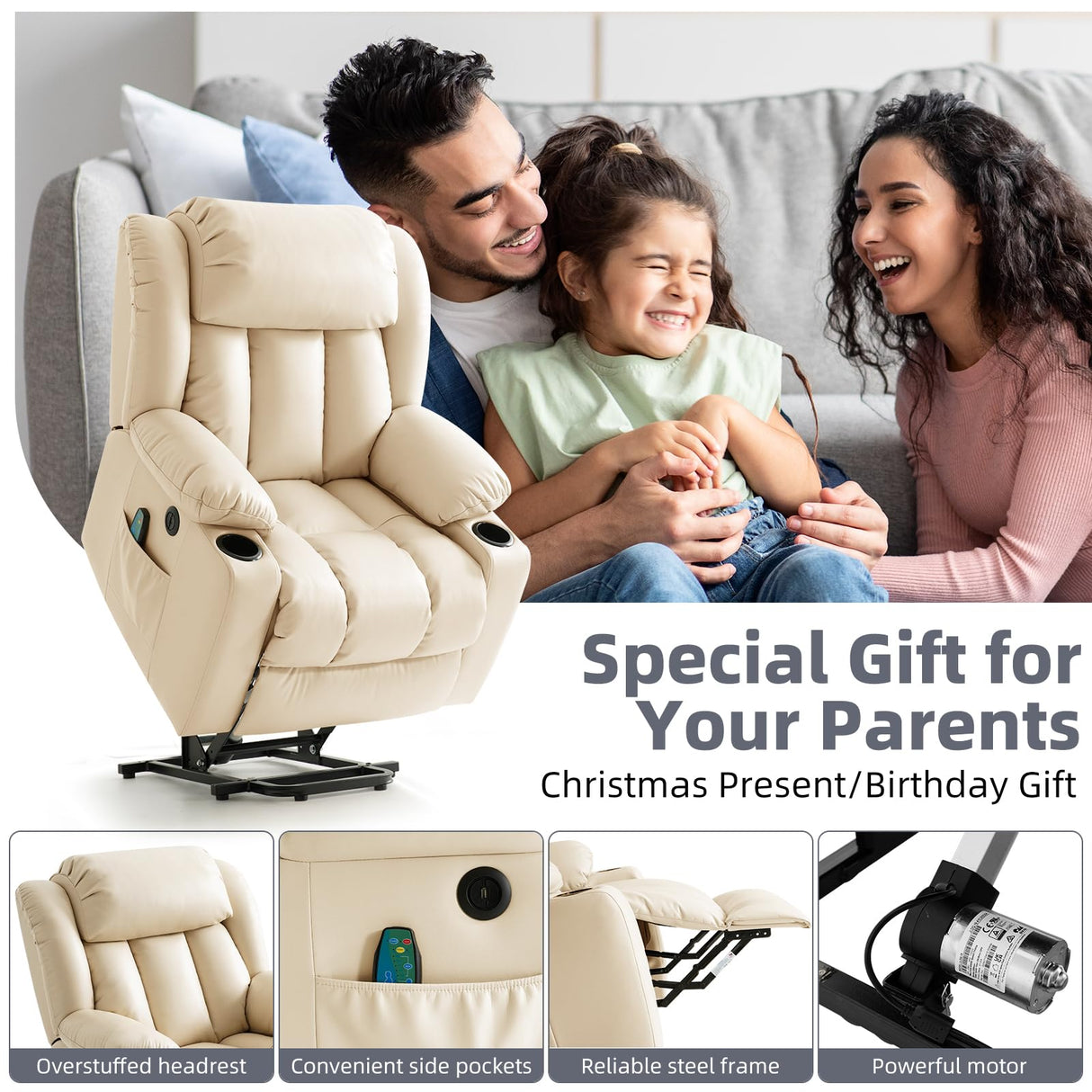 RESTREAL Power Lift Recliner Chair for Elderly, Electric Recliner Chairs for Adults with Massage and Heat, Cup Holders, Remote Control, USB Ports, Side Pockets, Leather (Beige) RESTREAL