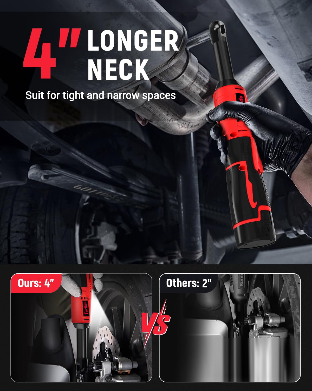 Tarlido 3/8" Electric Ratchet Wrench, 4" Extended 40 Ft-Lbs 400 RPM 12V Cordless Battery Powered Ratchet Wrench Set with LED Light, Including 2 Batteries, 11 Sockets and Fast Charge Tarlido