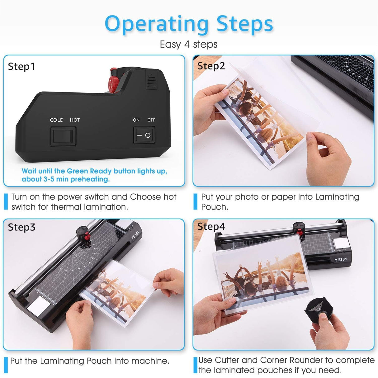 Laminator Machine for A3/A4/A6, YE381 13inch Thermal & Cold Laminating Machine for Home Office School Teacher Use with 50 Pouches, Paper Trimmer and Corner Rounder Eficentline