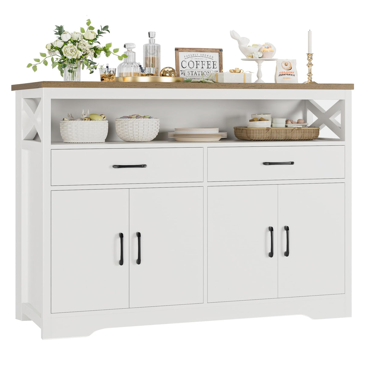 HOSTACK 47" Modern Farmhouse Sideboard Buffet Cabinet, Wood Buffet Storage Cabinet with Drawers & Shelves, Large Coffee Bar Cabinet with Storage, Microwave Stand for Kitchen, Dining Room, White Brown HOSTACK