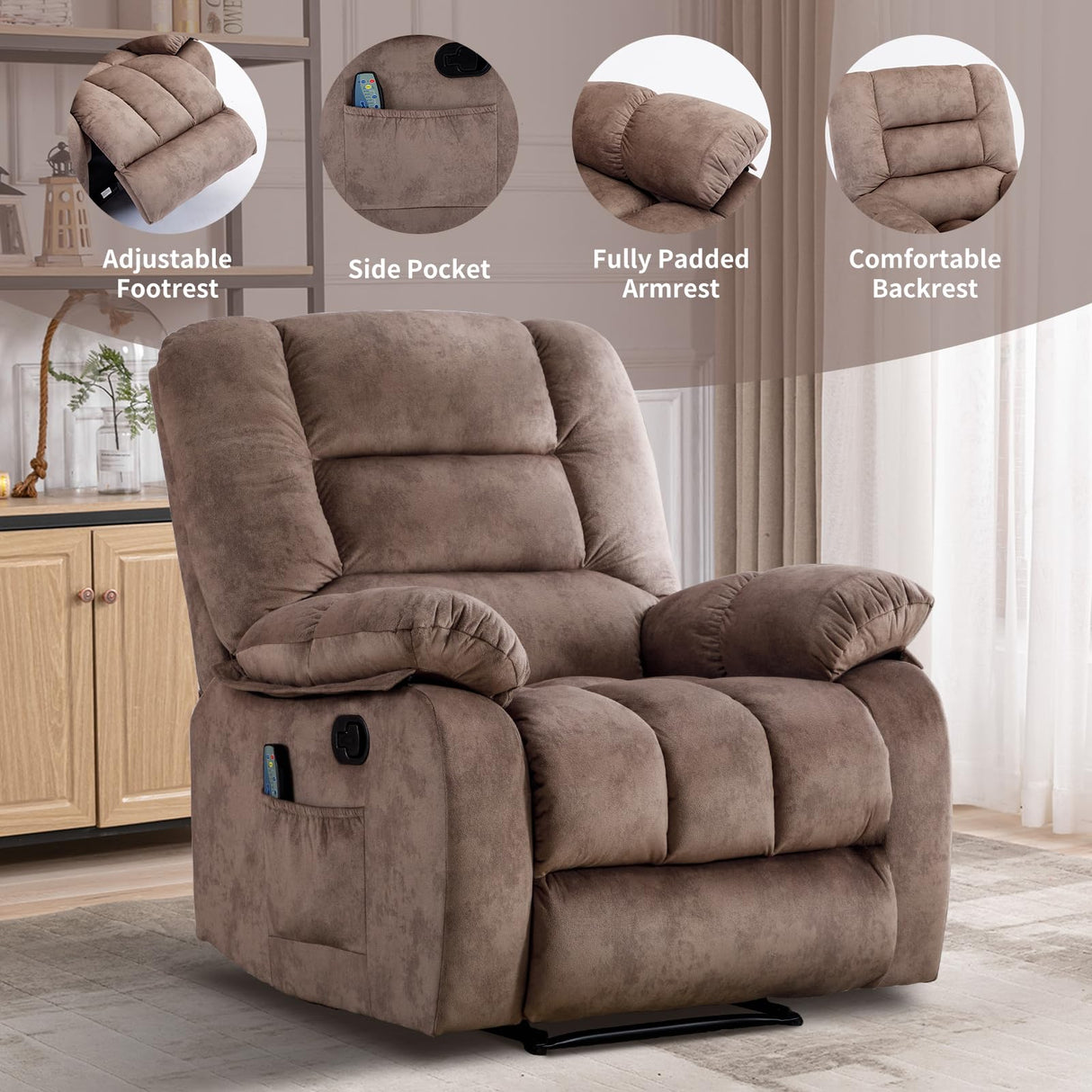 IOMOR Massage Recliner Chair with Heat and Massage, Soft Fabric Ergonomic Manual Reclining Chairs, Heavy Duty Reclining Sofa Chair with Side Pockets for Living Room (Tan) IOMOR